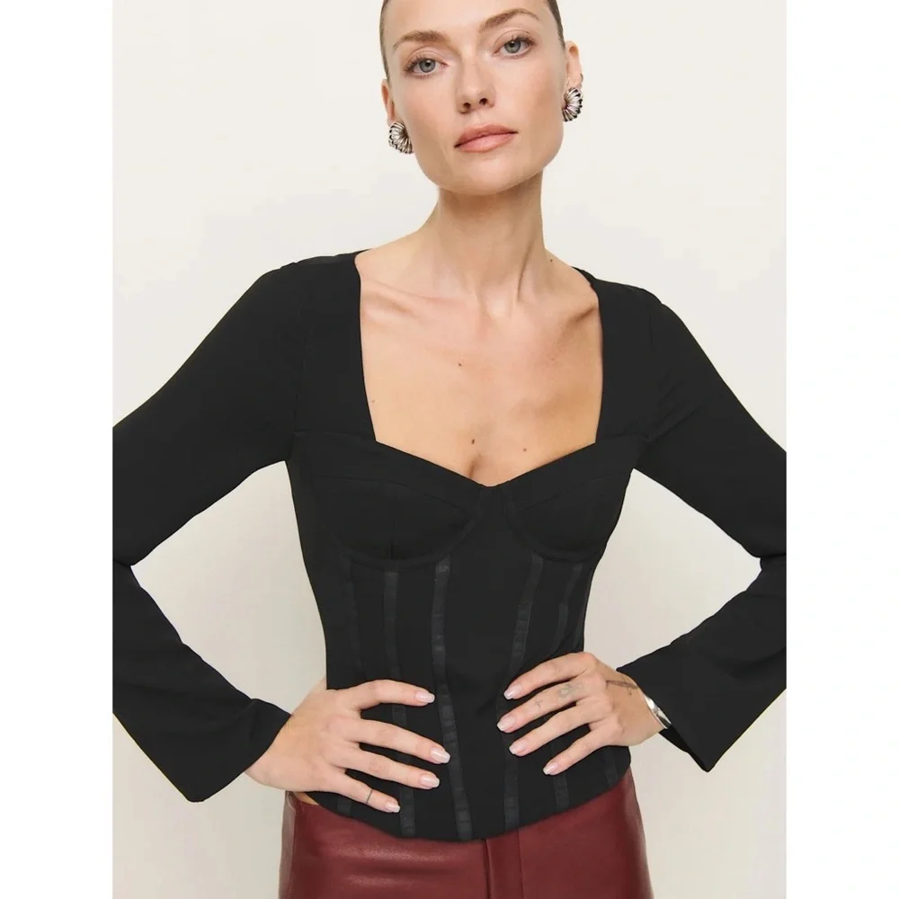 Reformation Amina Corset Bustier Long Sleeve Top in Black - Picture 3 of 10